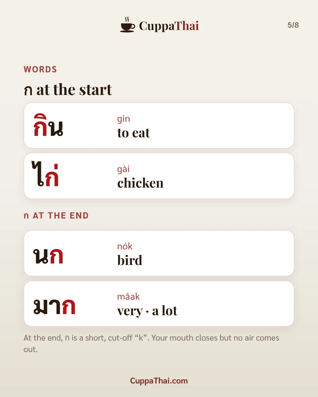 Slide 5 of 8. ก ไก่ (gor gai), Thai alphabet letter 1 of 44