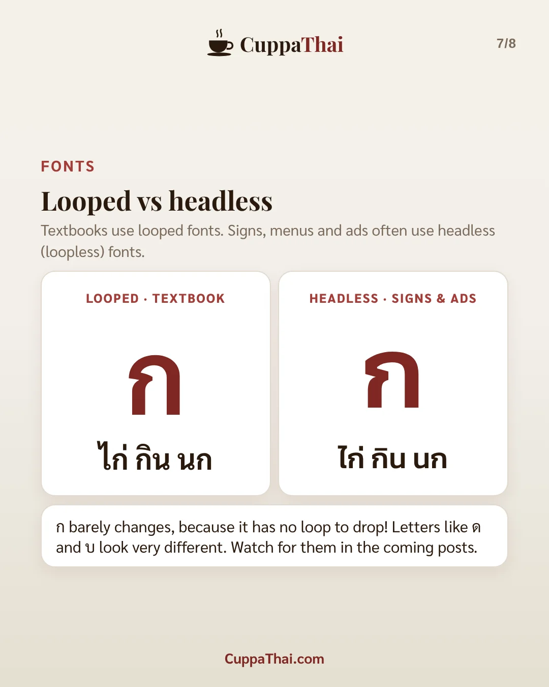 Slide 7 of 8. ก ไก่ (gor gai), Thai alphabet letter 1 of 44