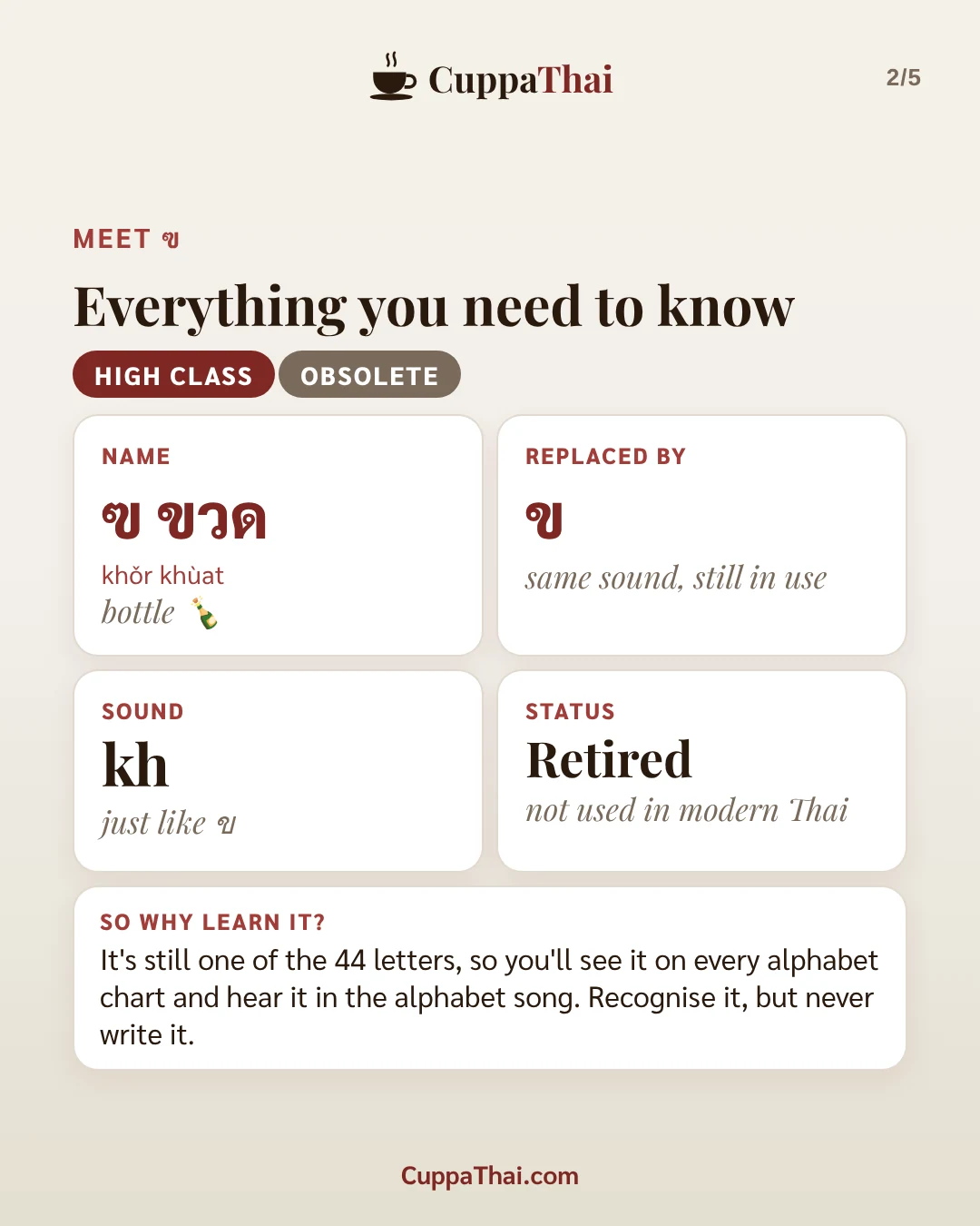 Slide 2 of 5. ฃ ขวด (khor khuat), Thai alphabet letter 3 of 44
