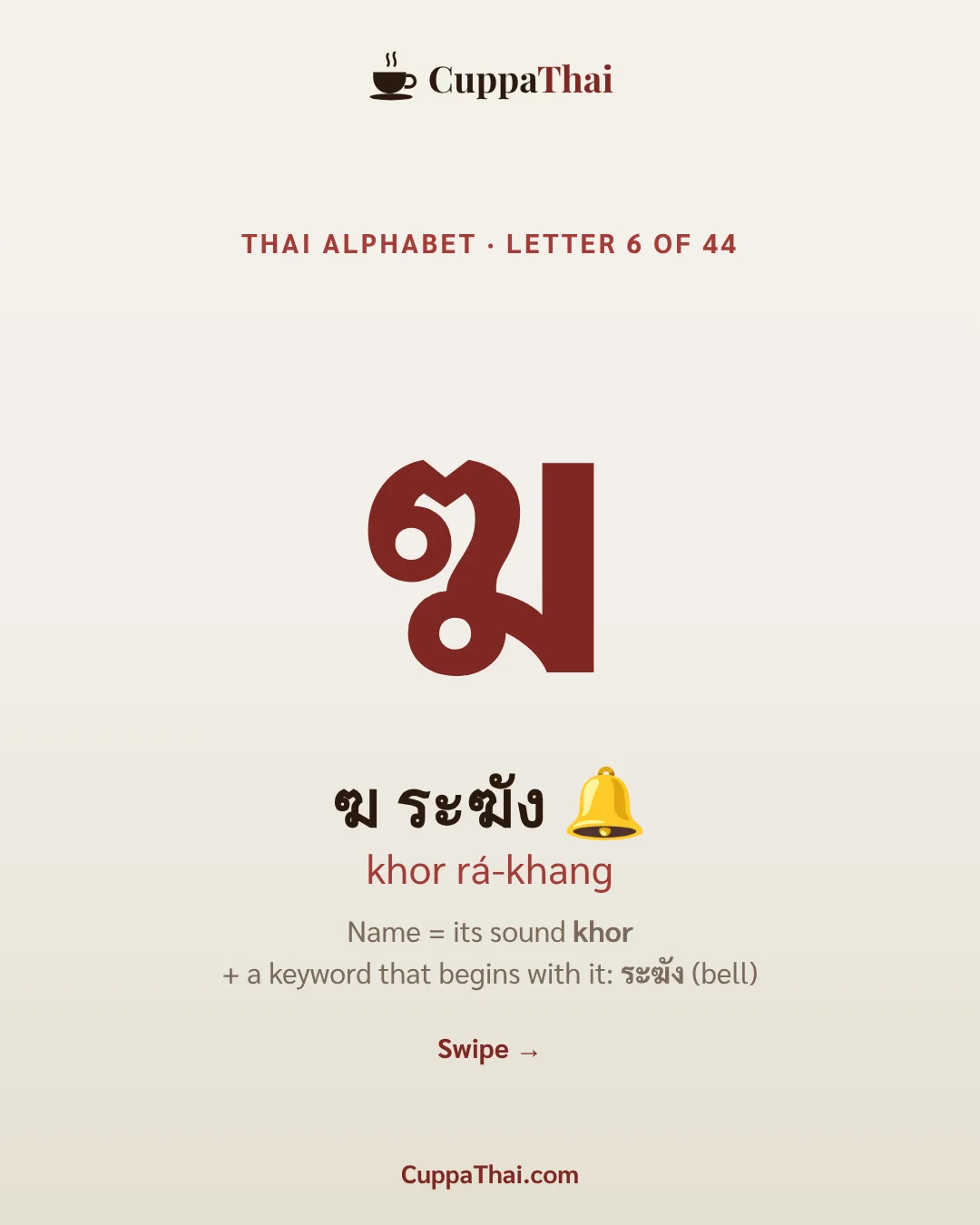 Cover. ฆ ระฆัง (khor ra-khang), Thai alphabet letter 6 of 44