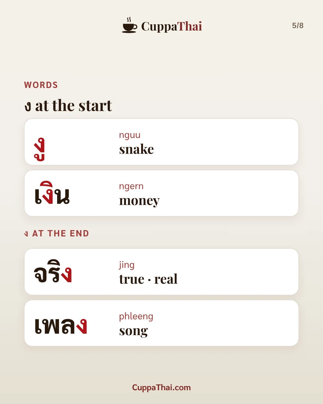 Slide 5 of 8. ง งู (ngor nguu), Thai alphabet letter 7 of 44