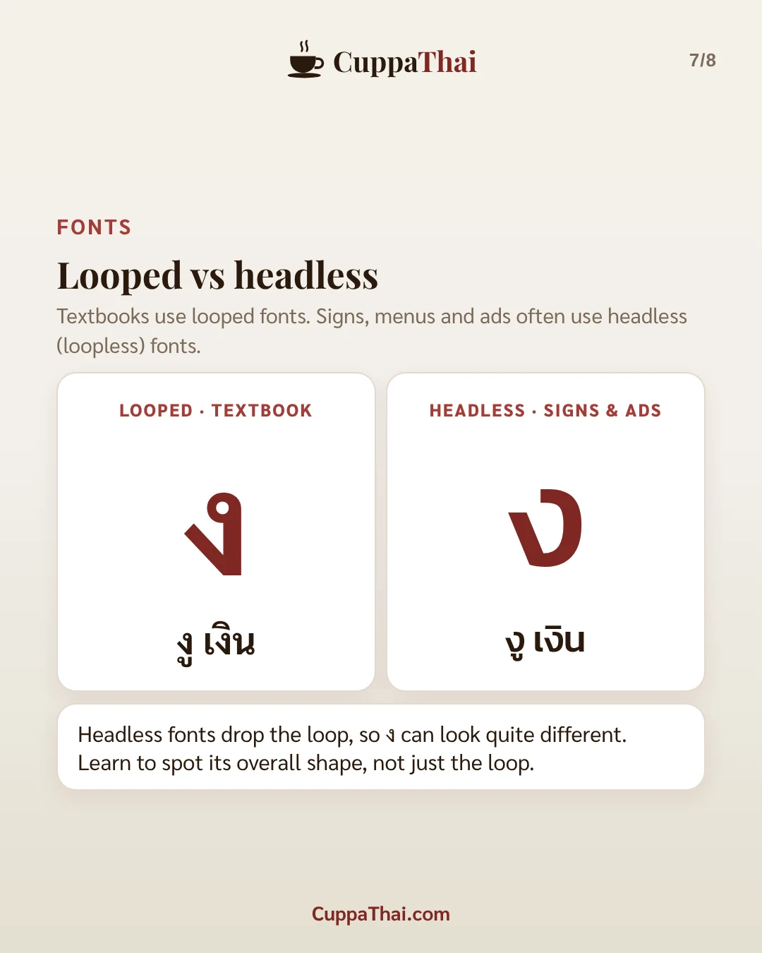 Slide 7 of 8. ง งู (ngor nguu), Thai alphabet letter 7 of 44
