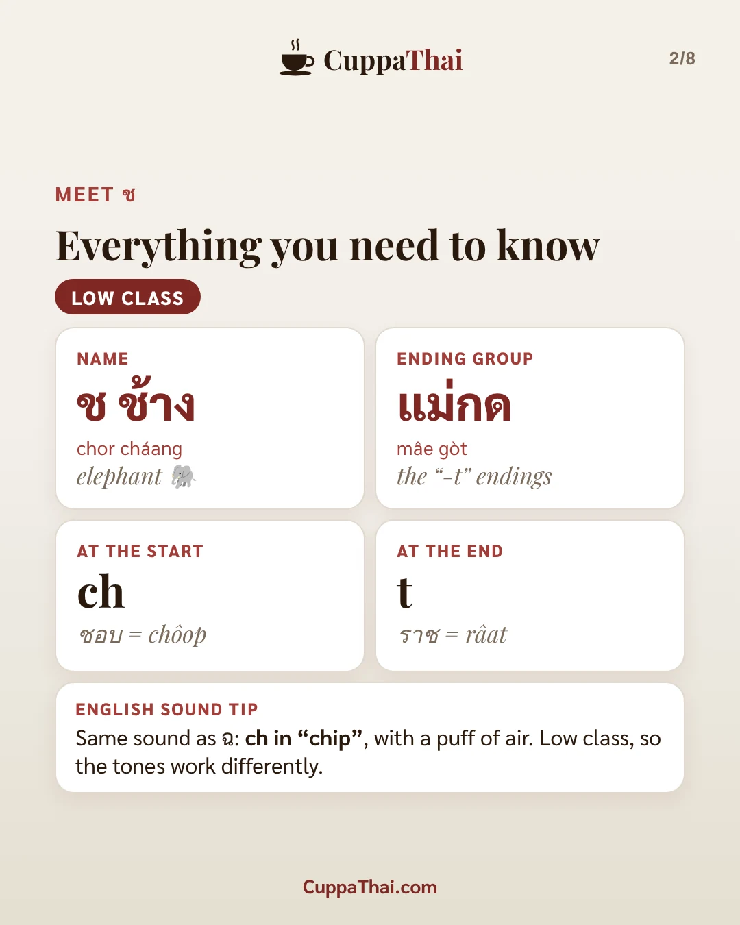 Slide 2 of 8. ช ช้าง (chor chaang), Thai alphabet letter 10 of 44