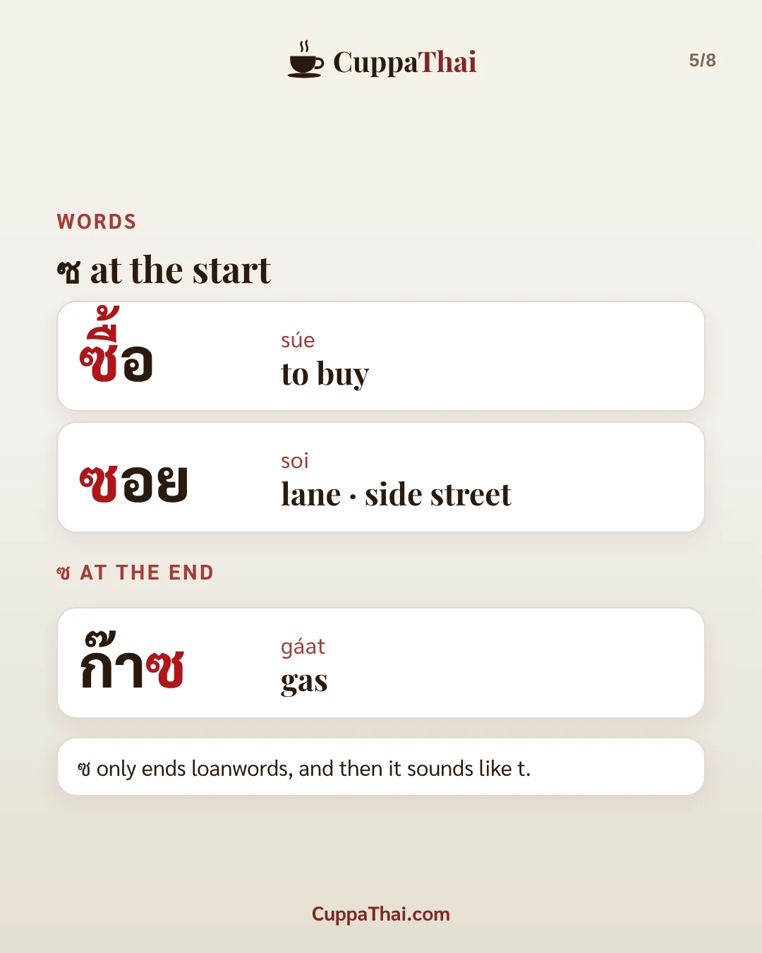 Slide 5 of 8. ซ โซ่ (sor soo), Thai alphabet letter 11 of 44