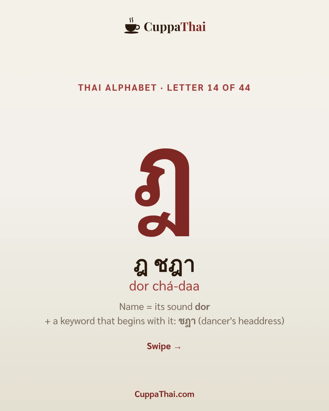 Cover. ฎ ชฎา (dor cha-daa), Thai alphabet letter 14 of 44
