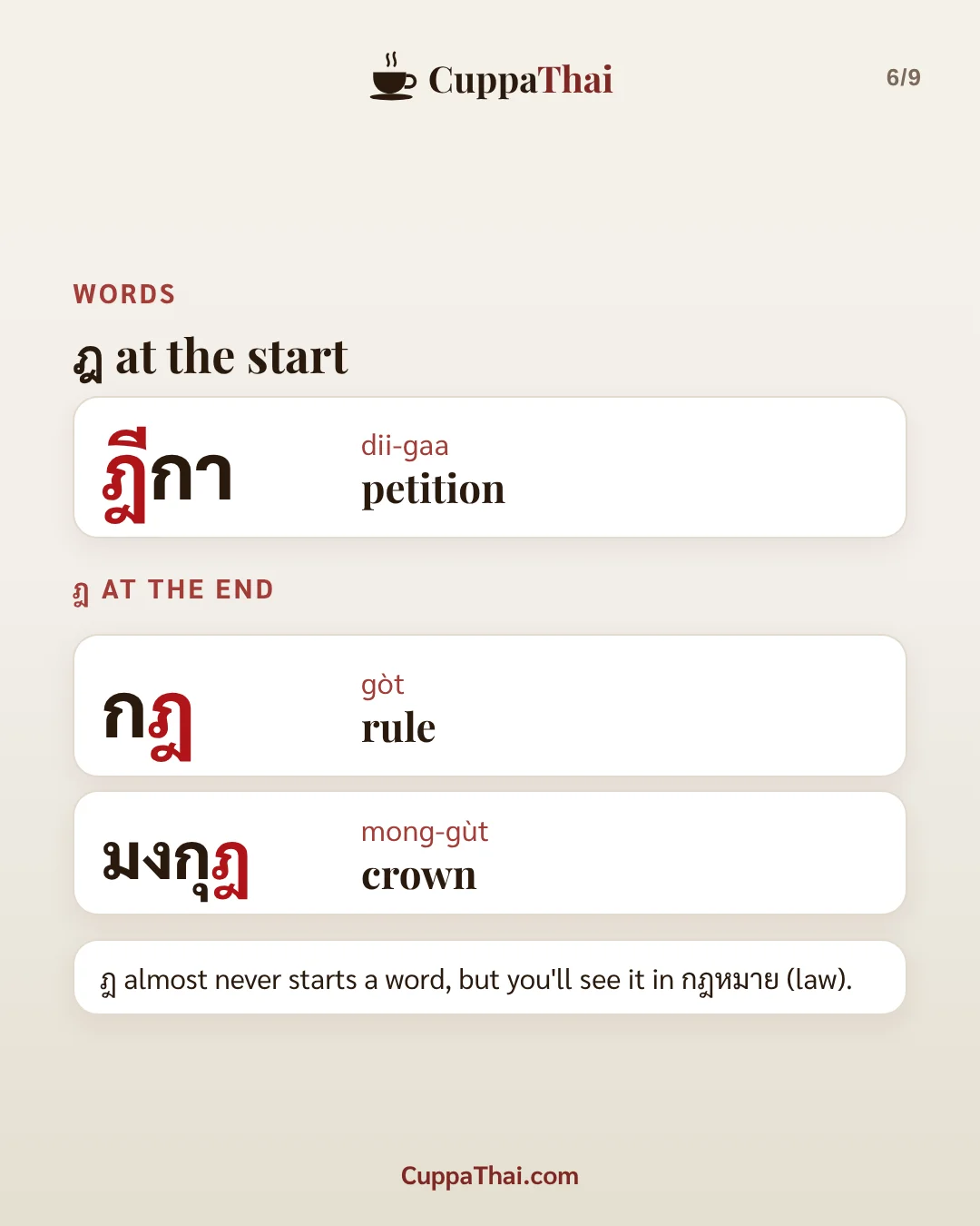 Slide 5 of 8. ฎ ชฎา (dor cha-daa), Thai alphabet letter 14 of 44