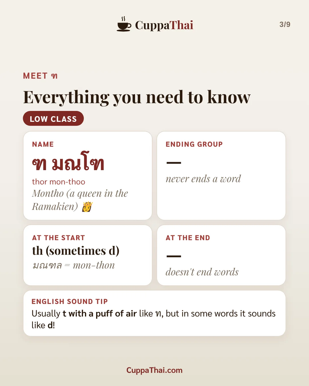 Slide 2 of 8. ฑ มณโฑ (thor mon-thoo), Thai alphabet letter 17 of 44