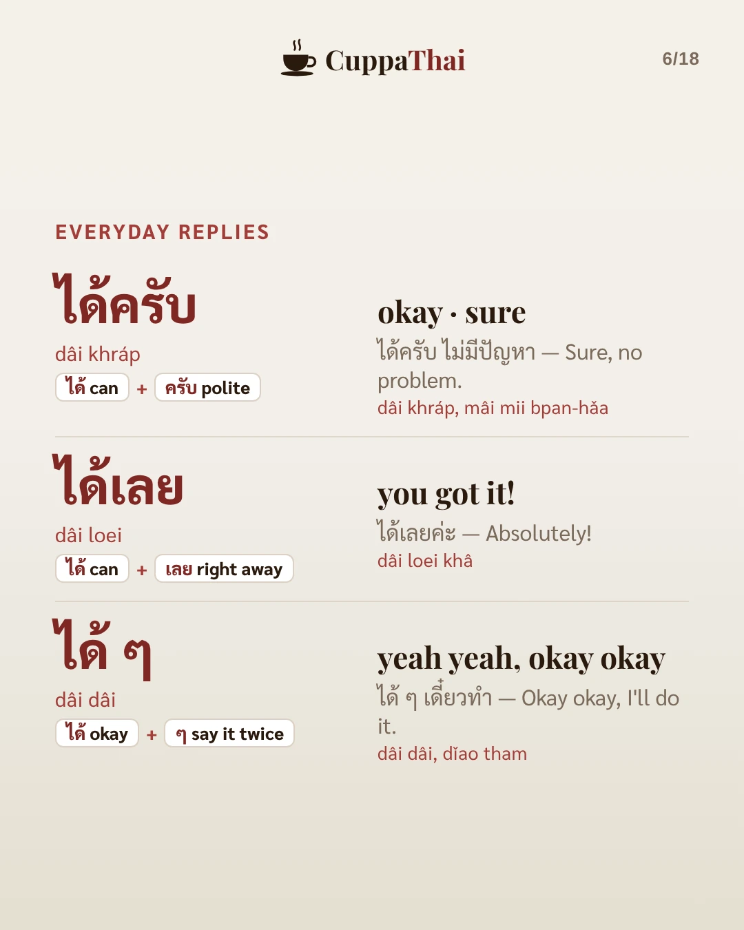 Everyday replies. ได้ครับ (dâi khráp), okay, sure: ได้ครับ ไม่มีปัญหา, Sure, no problem. ได้เลย (dâi loei), you got it: ได้เลยค่ะ, Absolutely! ได้ ๆ (dâi dâi), yeah yeah, okay okay: ได้ ๆ เดี๋ยวทำ (dâi dâi, dǐao tham), Okay okay, I'll do it.