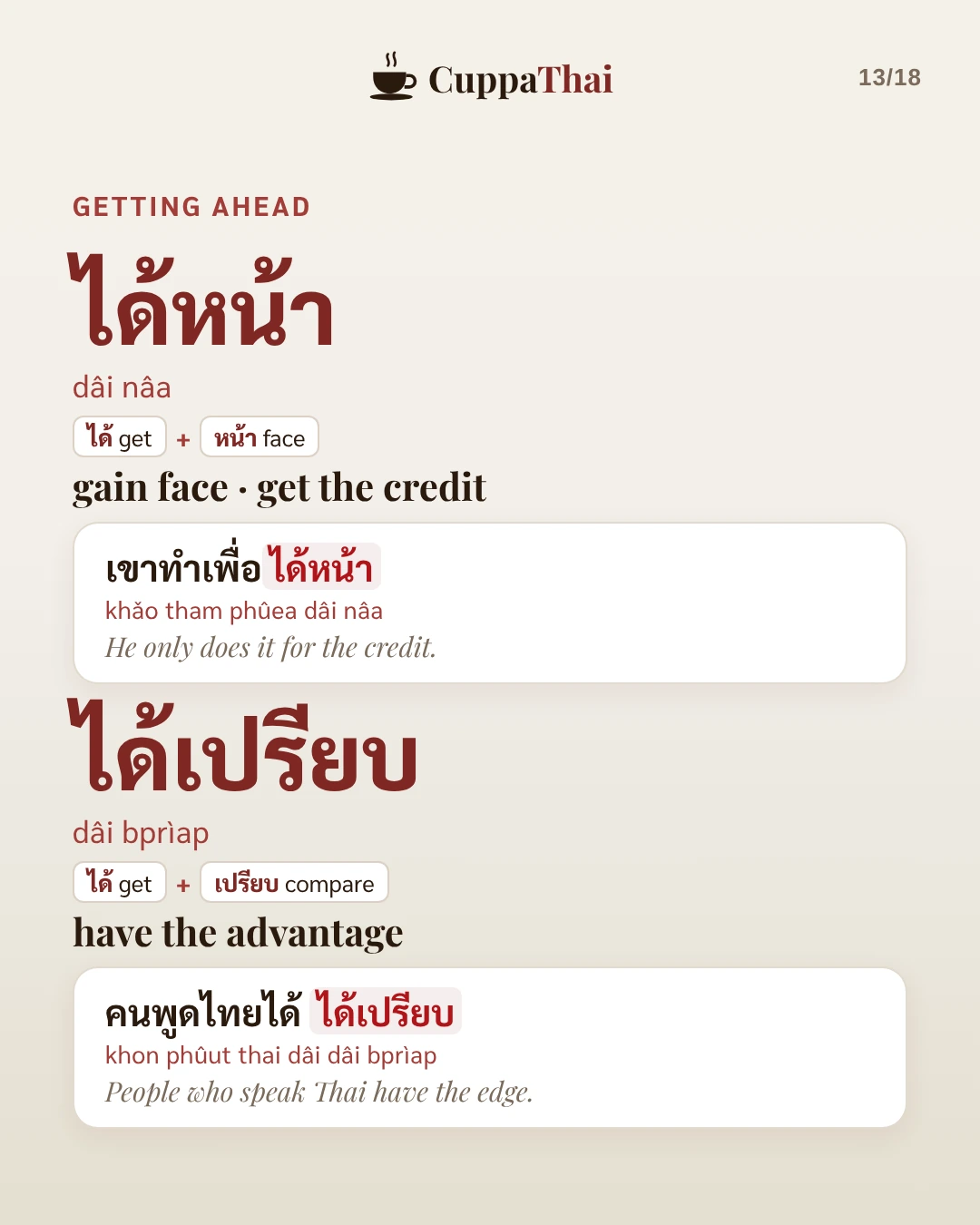 Getting ahead. ได้หน้า (dâi nâa), gain face, get the credit: เขาทำเพื่อได้หน้า (khǎo tham phûea dâi nâa), He only does it for the credit. ได้เปรียบ (dâi bpriap), have the advantage: คนพูดไทยได้ได้เปรียบ (khon phûut thai dâi dâi bpriap), People who speak Thai have the edge.