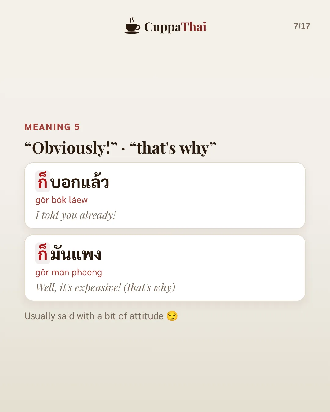 Meaning 5: Obviously, that's why. ก็บอกแล้ว (gôr bòk láew), I told you already! ก็มันแพง (gôr man phaeng), Well, it's expensive! That's why. Usually said with a bit of attitude.