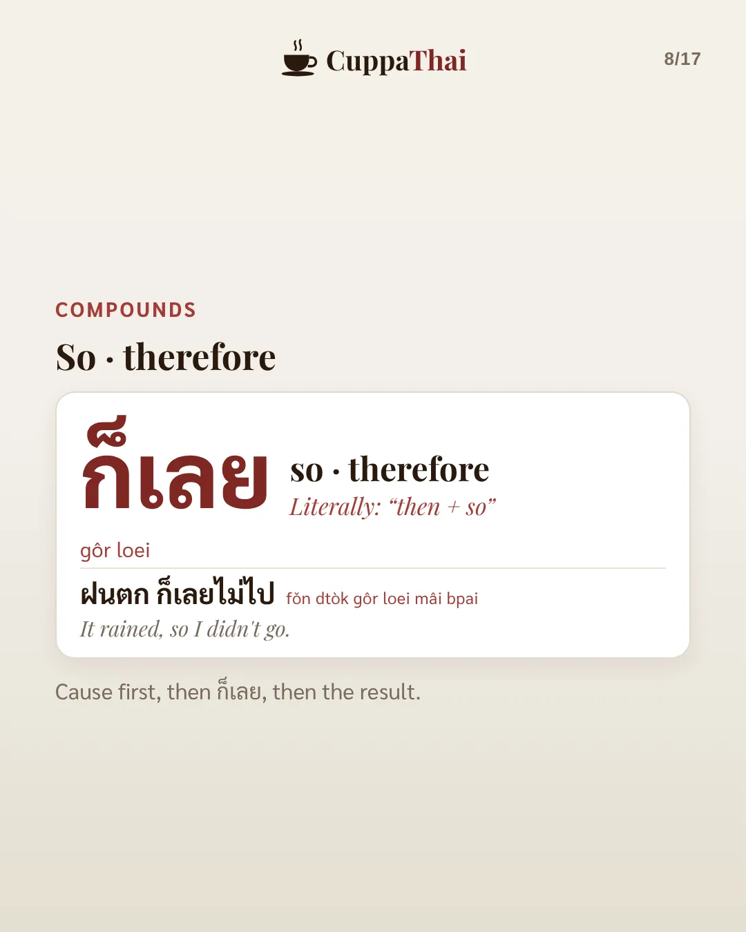 Compounds: So, therefore. ก็เลย (gôr loei), so or therefore. Literally then + so. ฝนตก ก็เลยไม่ไป (fǒn dtòk gôr loei mâi bpai), It rained, so I didn't go. Cause first, then ก็เลย, then the result.