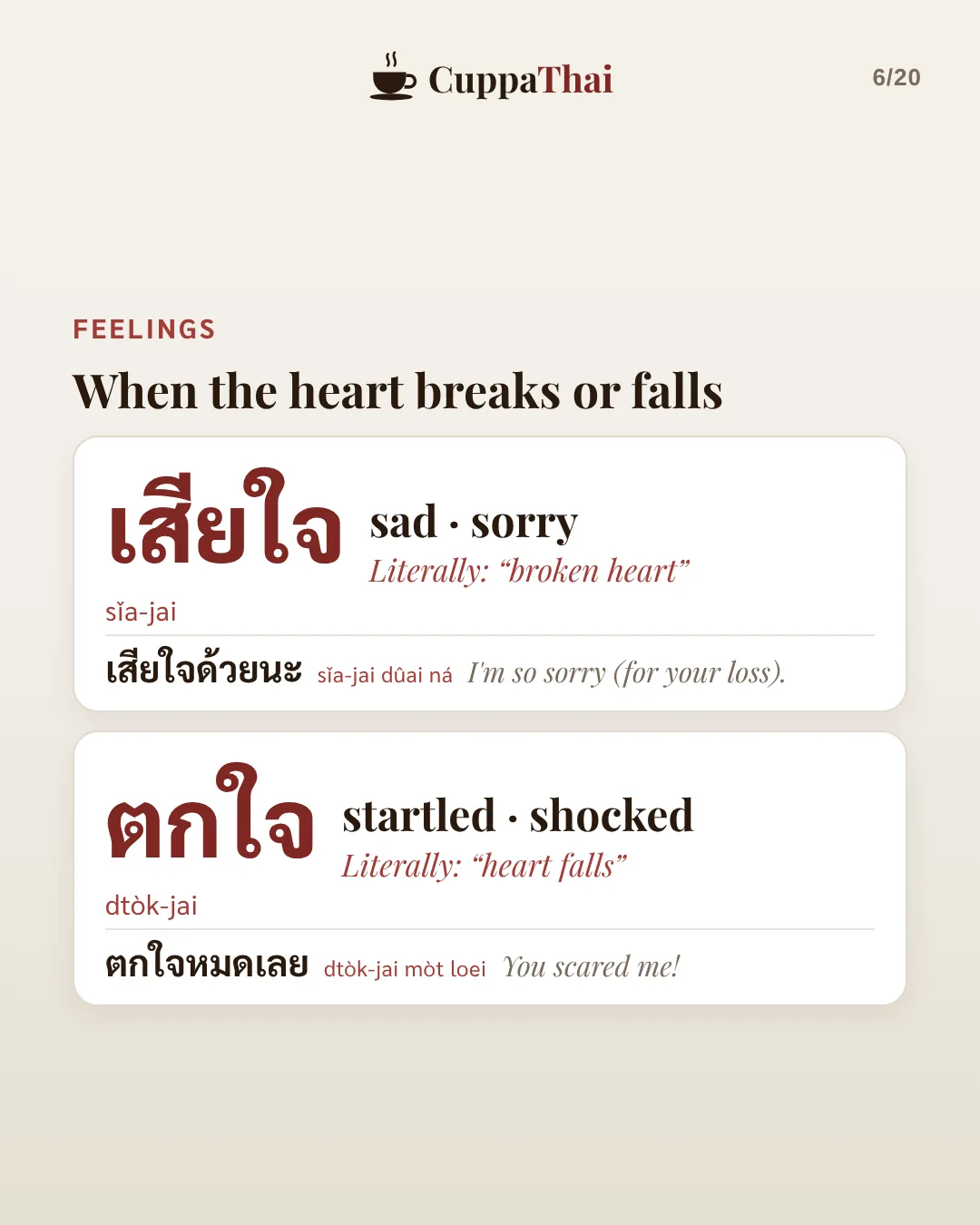 When the heart breaks or falls. เสียใจ (sǐa-jai), sad, sorry. Literally broken heart. เสียใจด้วยนะ, I'm so sorry for your loss. ตกใจ (dtòk-jai), startled, shocked. Literally heart falls. ตกใจหมดเลย, You scared me!