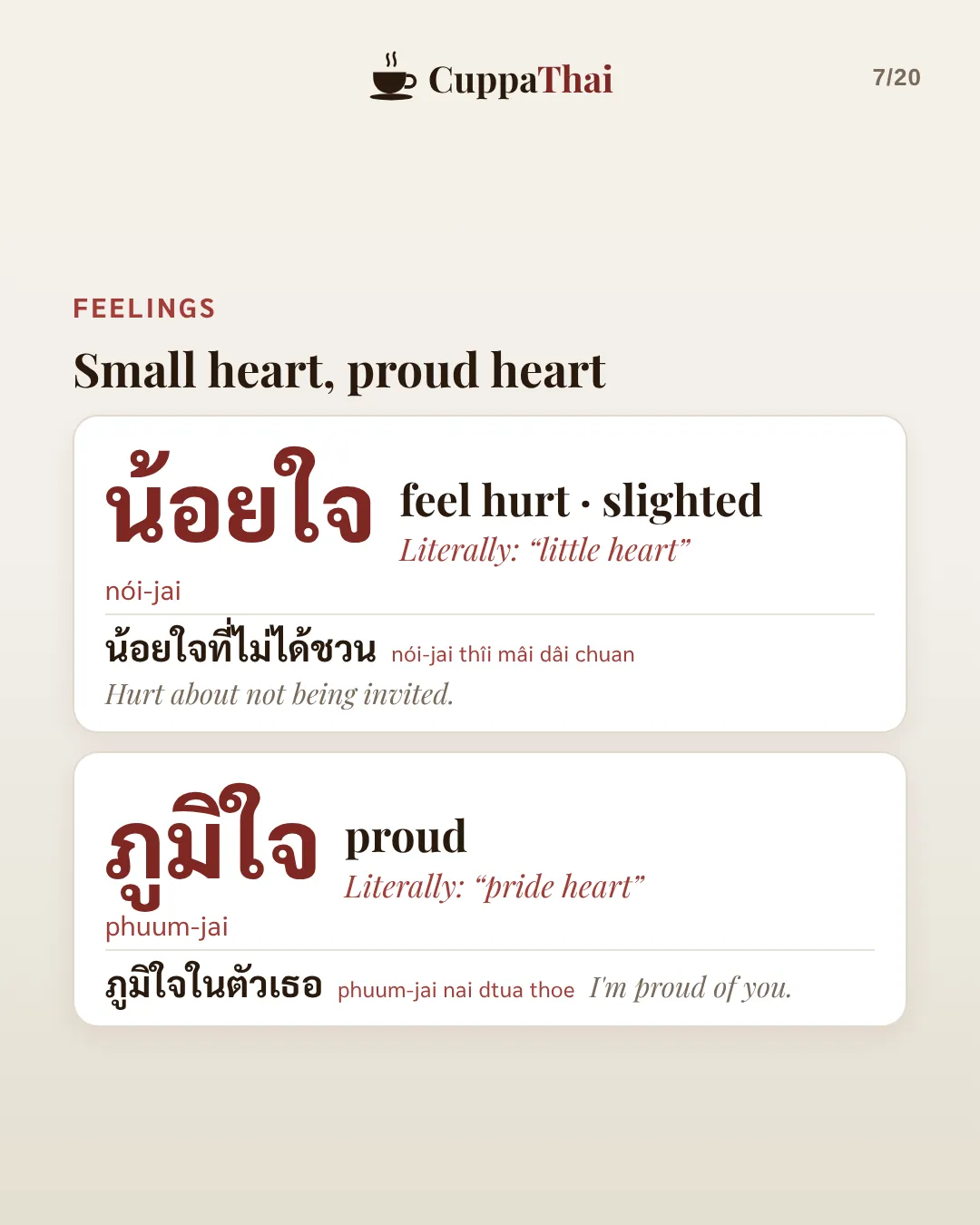 Small heart, proud heart. น้อยใจ (nói-jai), feel hurt, slighted. Literally little heart. น้อยใจที่ไม่ได้ชวน, Hurt about not being invited. ภูมิใจ (phuum-jai), proud. Literally pride heart. ภูมิใจในตัวเธอ, I'm proud of you.
