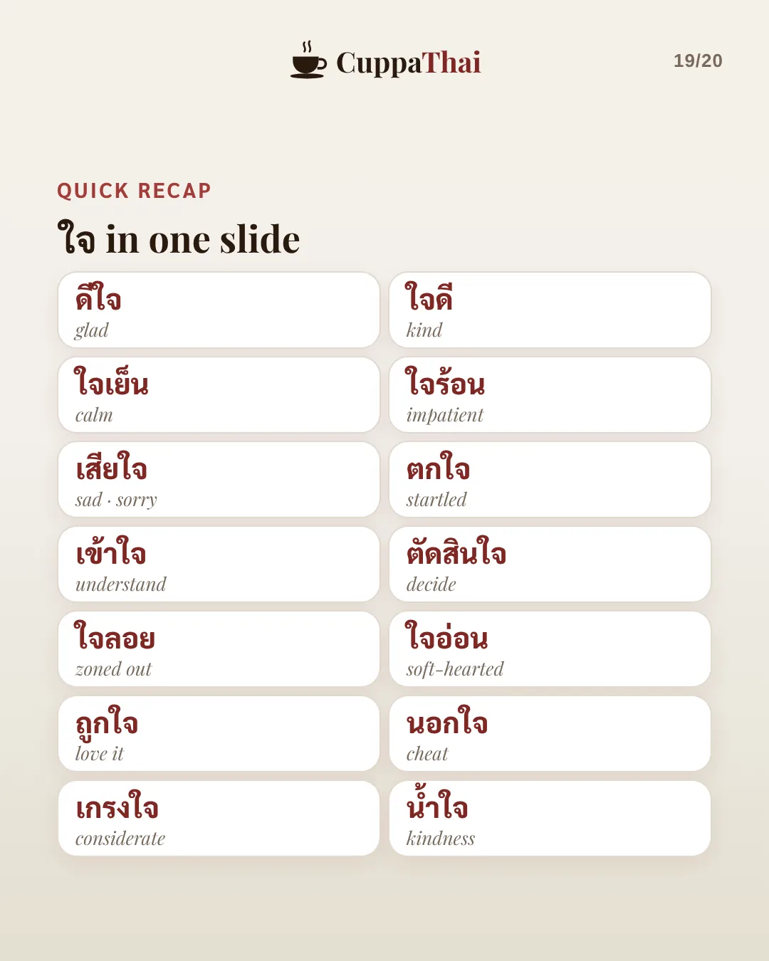 Quick recap. ใจ in one slide. ดีใจ glad, ใจดี kind, ใจเย็น calm, ใจร้อน impatient, เสียใจ sad or sorry, ตกใจ startled, เข้าใจ understand, ตัดสินใจ decide, ใจลอย zoned out, ใจอ่อน soft-hearted, ถูกใจ love it, นอกใจ cheat, เกรงใจ considerate, น้ำใจ kindness.