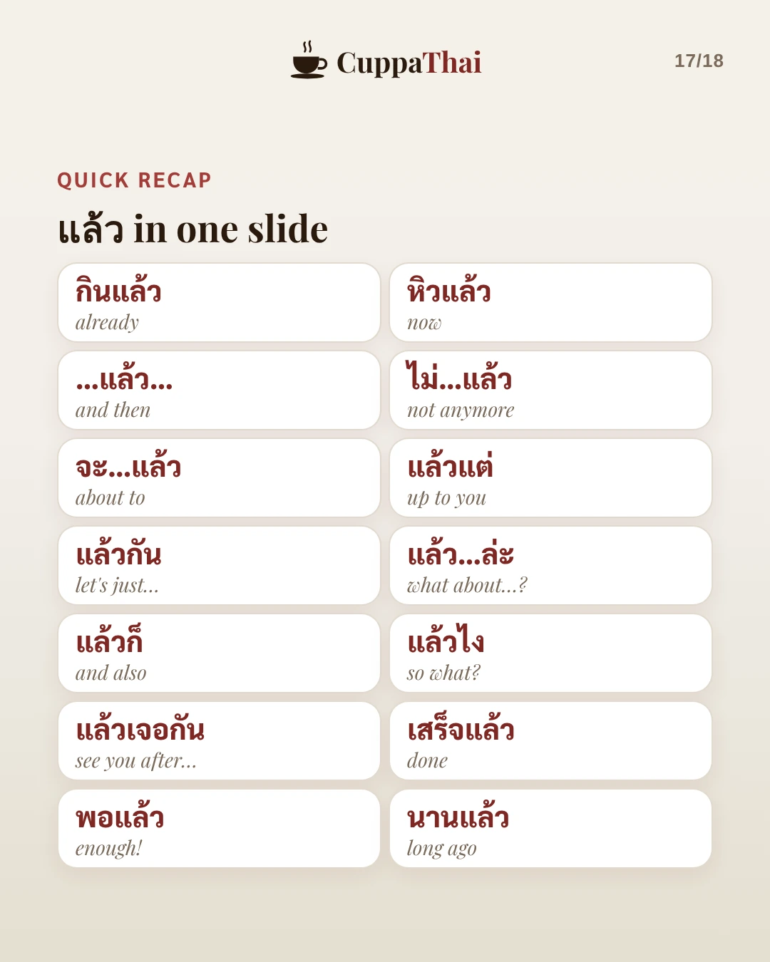 Quick recap: แล้ว in one slide. กินแล้ว already. หิวแล้ว now. ...แล้ว... and then. ไม่...แล้ว not anymore. จะ...แล้ว about to. แล้วแต่ up to you. แล้วกัน let's just... แล้ว...ล่ะ what about...? แล้วก็ and also. แล้วไง so what? แล้วเจอกัน see you after... เสร็จแล้ว done. พอแล้ว enough! นานแล้ว long ago.