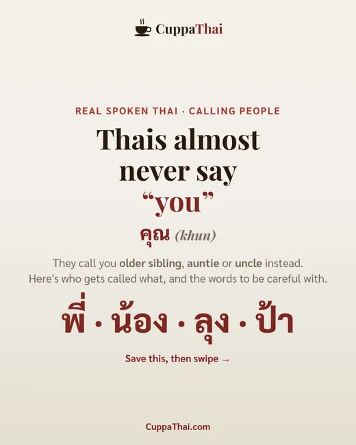 Cover slide: Calling people in Thai: why Thais almost never say "you"