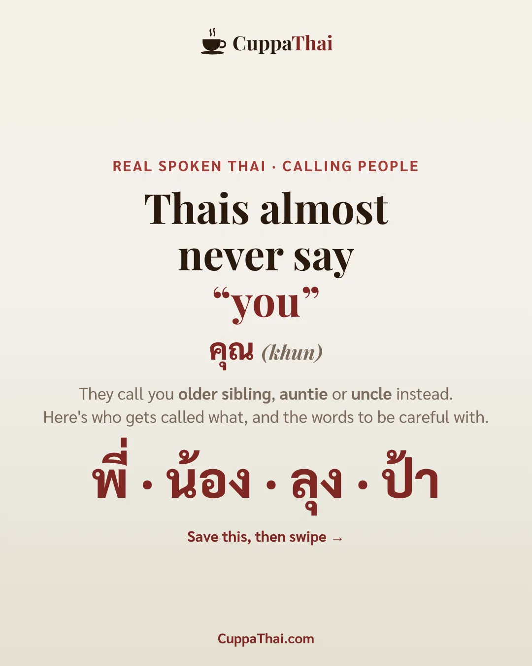 Cover. Real spoken Thai: calling people. Thais almost never say "you", คุณ (khun). They call you older sibling, auntie or uncle instead. Here's who gets called what, and the words to be careful with. พี่, น้อง, ลุง, ป้า. Save this, then swipe.