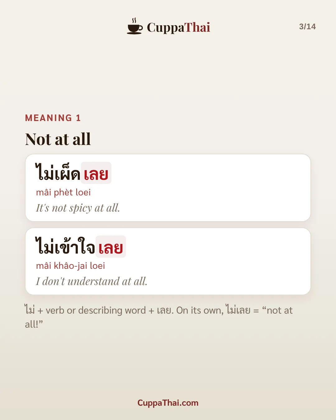 Meaning 1: not at all. ไม่เผ็ดเลย (mâi phèt loei), It's not spicy at all. ไม่เข้าใจเลย (mâi khâo-jai loei), I don't understand at all. ไม่ + verb or describing word + เลย. On its own, ไม่เลย = "not at all!"