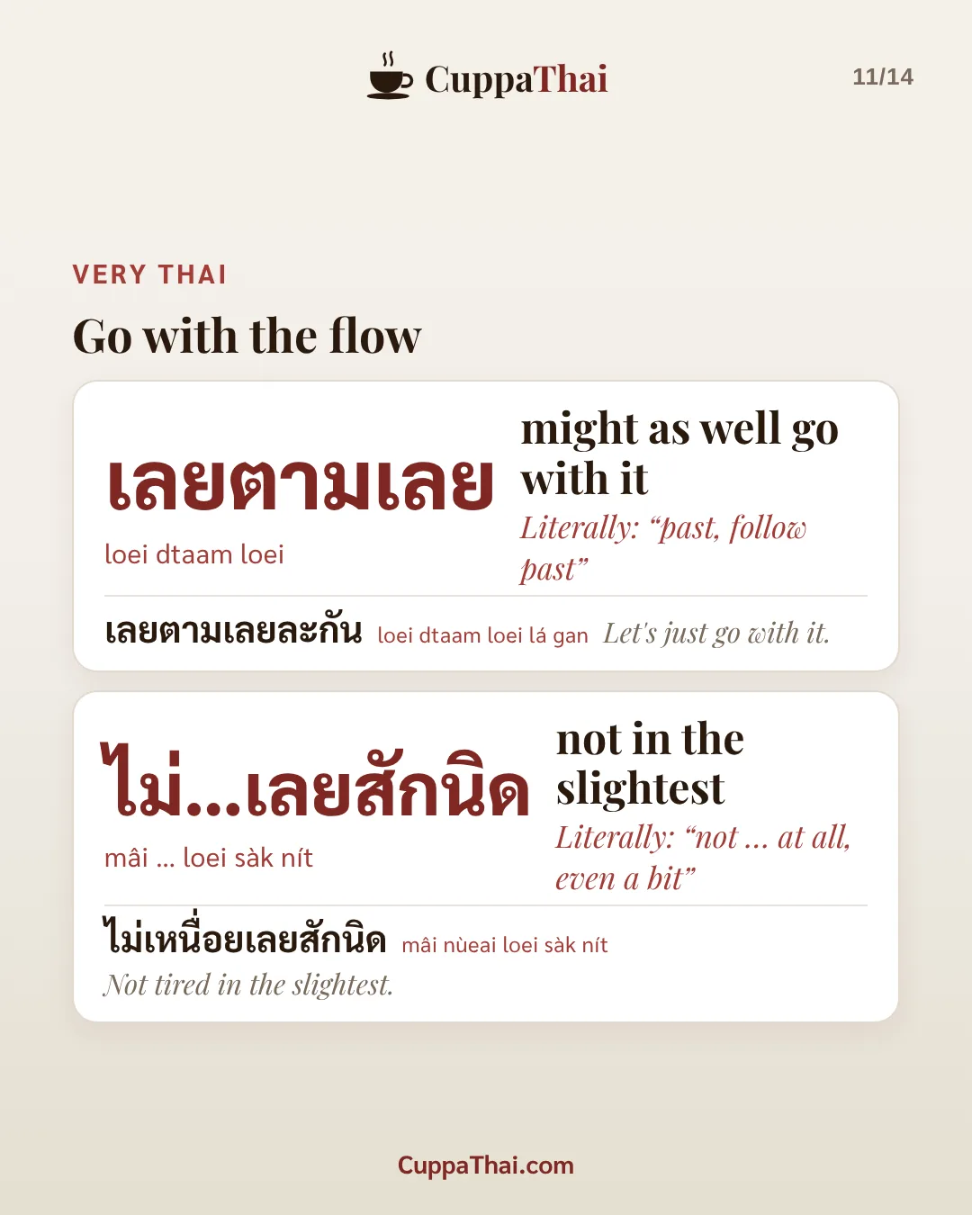 Very Thai: go with the flow. เลยตามเลย (loei dtaam loei), might as well go with it. Literally: "past, follow past". เลยตามเลยละกัน (loei dtaam loei lá gan), Let's just go with it. ไม่...เลยสักนิด (mâi ... loei sàk nít), not in the slightest. Literally: "not ... at all, even a bit". ไม่เหนื่อยเลยสักนิด (mâi nùeai loei sàk nít), Not tired in the slightest.