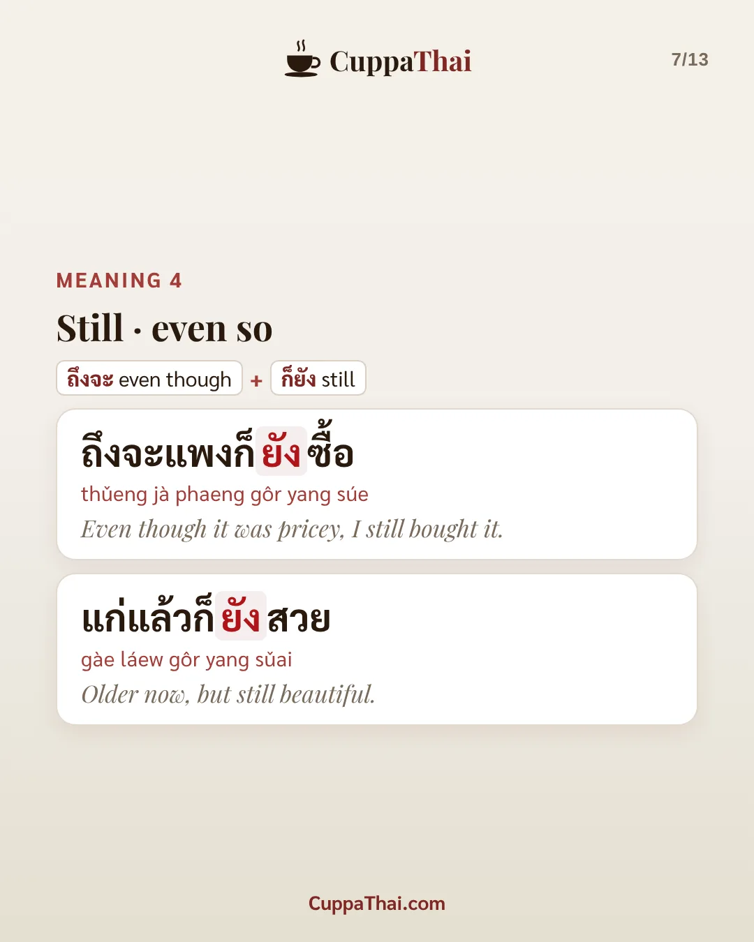 Meaning 4: still, even so. ถึงจะ (even though) + ก็ยัง (still). ถึงจะแพงก็ยังซื้อ (thǔeng jà phaeng gôr yang súe), Even though it was pricey, I still bought it. แก่แล้วก็ยังสวย (gàe láew gôr yang sǔai), Older now, but still beautiful.