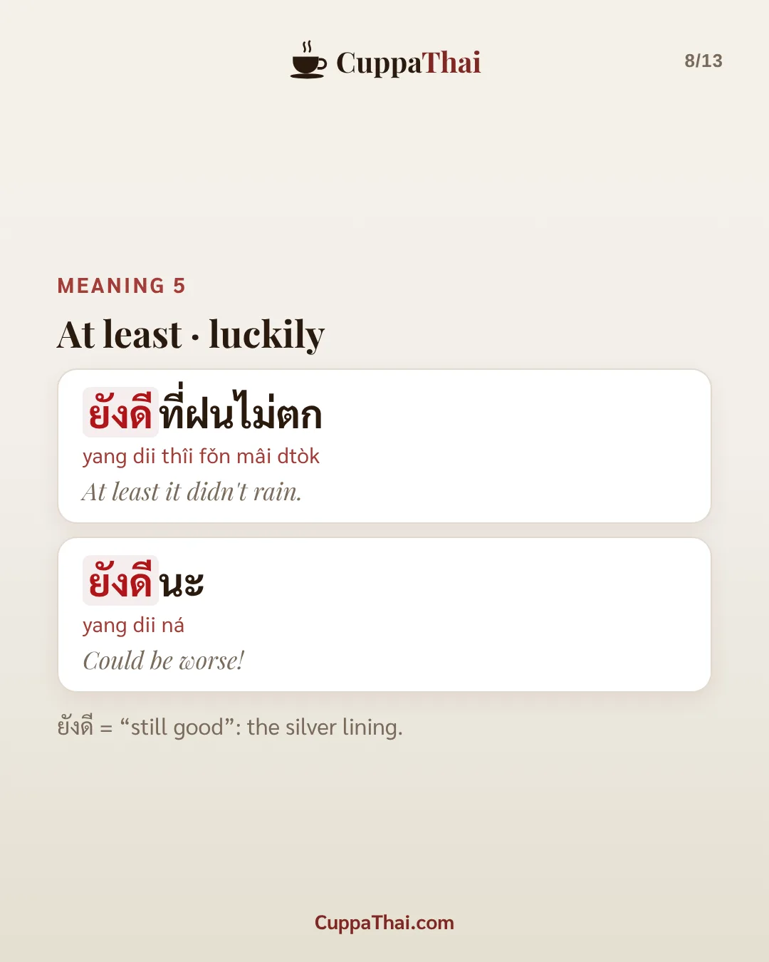 Meaning 5: at least, luckily. ยังดีที่ฝนไม่ตก (yang dii thîi fǒn mâi dtòk), At least it didn't rain. ยังดีนะ (yang dii ná), Could be worse! ยังดี = "still good": the silver lining.