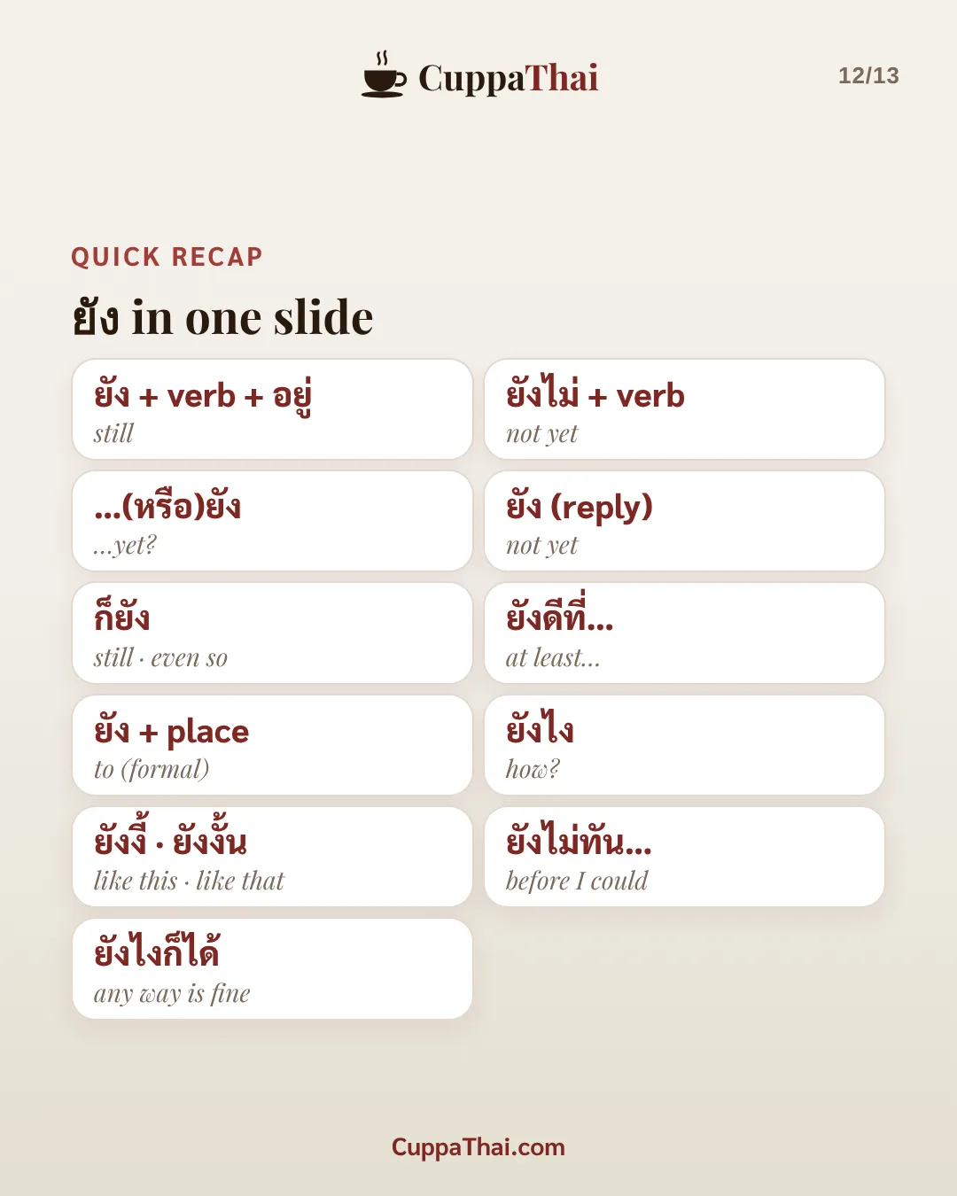 Quick recap. ยัง in one slide. ยัง + verb + อยู่ = still. ยังไม่ + verb = not yet. ...(หรือ)ยัง = ...yet? ยัง (reply) = not yet. ก็ยัง = still, even so. ยังดีที่... = at least... ยัง + place = to (formal). ยังไง = how? ยังงี้ and ยังงั้น = like this, like that. ยังไม่ทัน... = before I could. ยังไงก็ได้ = any way is fine.