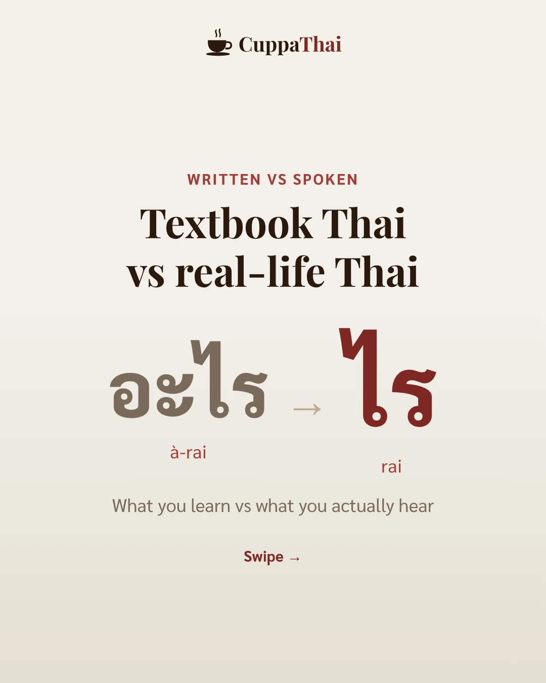Cover. Textbook Thai vs real-life Thai. อะไร (à-rai) becomes ไร (rai). What you learn vs what you actually hear.