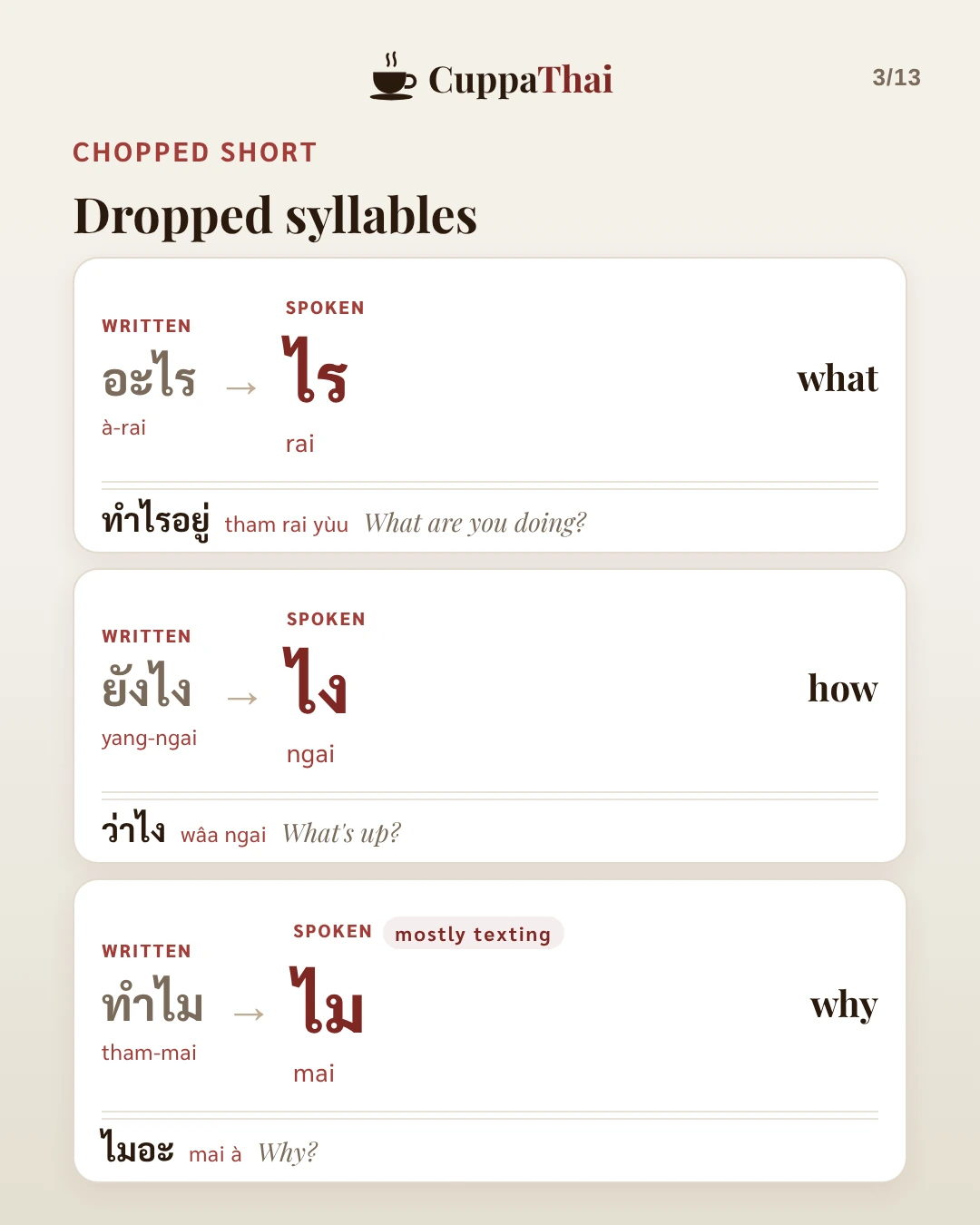Dropped syllables. อะไร (à-rai) becomes ไร (rai), what. Example: ทำไรอยู่ (tham rai yùu), What are you doing? ยังไง (yang-ngai) becomes ไง (ngai), how. Example: ว่าไง (wâa ngai), What's up? ทำไม (tham-mai) becomes ไม (mai), why, mostly in texting. Example: ไมอะ (mai à), Why?