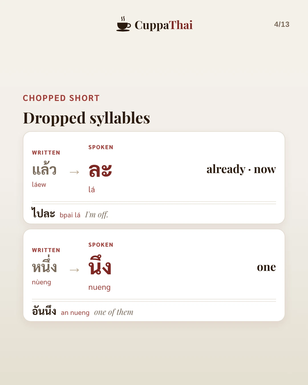 Dropped syllables. แล้ว (láew) becomes ละ (lá), already or now. Example: ไปละ (bpai lá), I'm off. หนึ่ง (nùeng) becomes นึง (nueng), one. Example: อันนึง (an nueng), one of them.